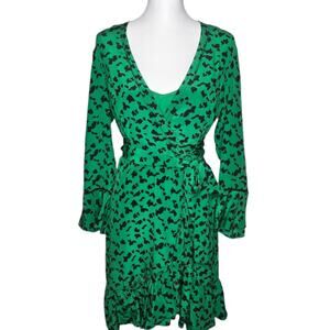 Tonya Taylor Nomi Wrap Ruffle Silk Dress Green Leopard‎ Print Size 8